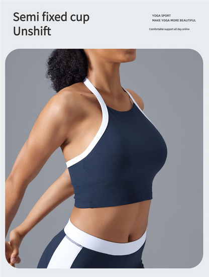 Color-Blocking Sports Bra for Women - Halter Neck, Open Back, Yoga Gym Top with Semi-Removable Pads & Pilates Vest