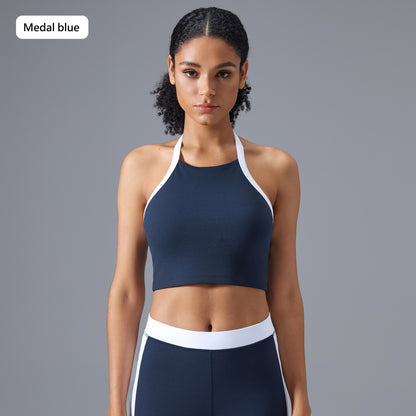 Color-Blocking Sports Bra for Women - Halter Neck, Open Back, Yoga Gym Top with Semi-Removable Pads & Pilates Vest