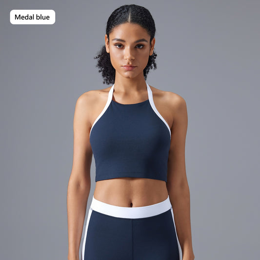Color-Blocking Sports Bra for Women - Halter Neck, Open Back, Yoga Gym Top with Semi-Removable Pads & Pilates Vest