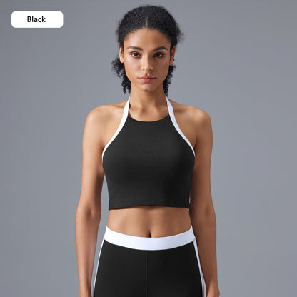 Color-Blocking Sports Bra for Women - Halter Neck, Open Back, Yoga Gym Top with Semi-Removable Pads & Pilates Vest